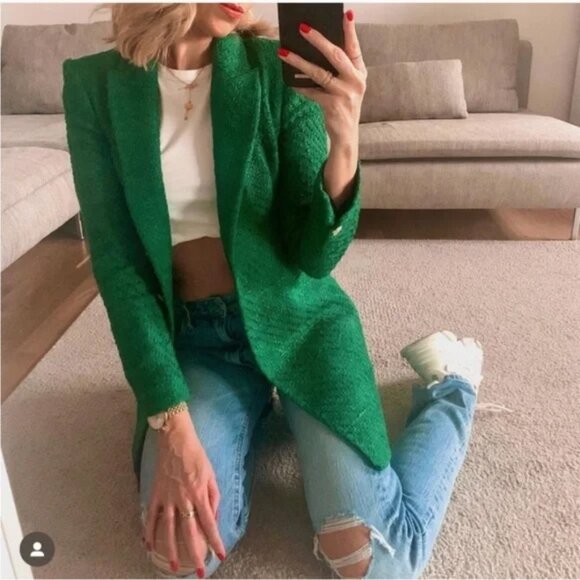 Zara Tweed Textured Long Structured Blazer in Kelly Green M Classic Preppy $149 - Picture 4 of 16